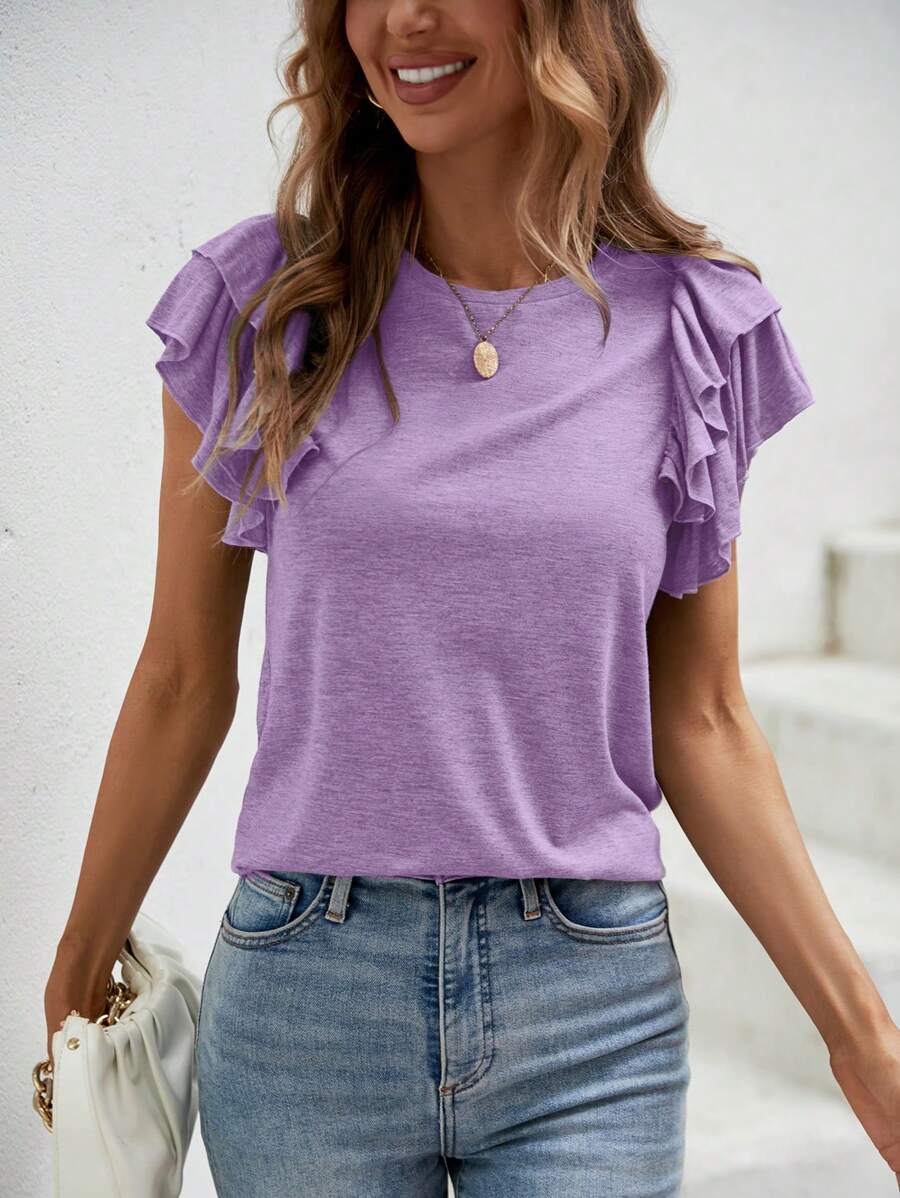 SHEIN Clasi Casual Solid Color Double Layer Cap Sleeve T-Shirt