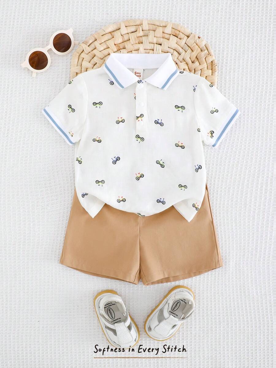 Cozy Pixies 2pcs Baby Boy Set: Cartoon Animal Print Lapel Short Sleeve Top And Elastic Waist Shorts