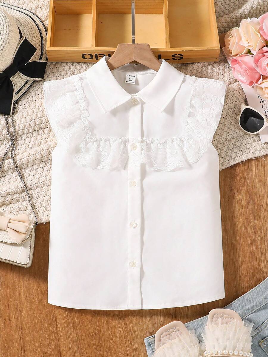 SHEIN Blusa con ribete de encaje talla grande para niña, adorable y fresca