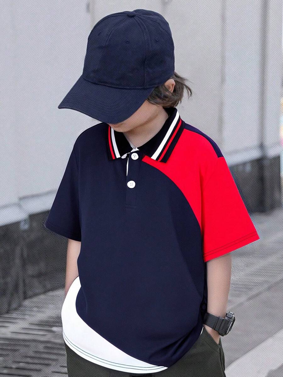 Tween Boys' Casual Color Block Patchwork Polo Shirt With Flat Collar, Short Sleeve, Suitable For Autumn, Spring, Summer, Outdoor Play, School, Street Snap, Party And Casual Home Wear