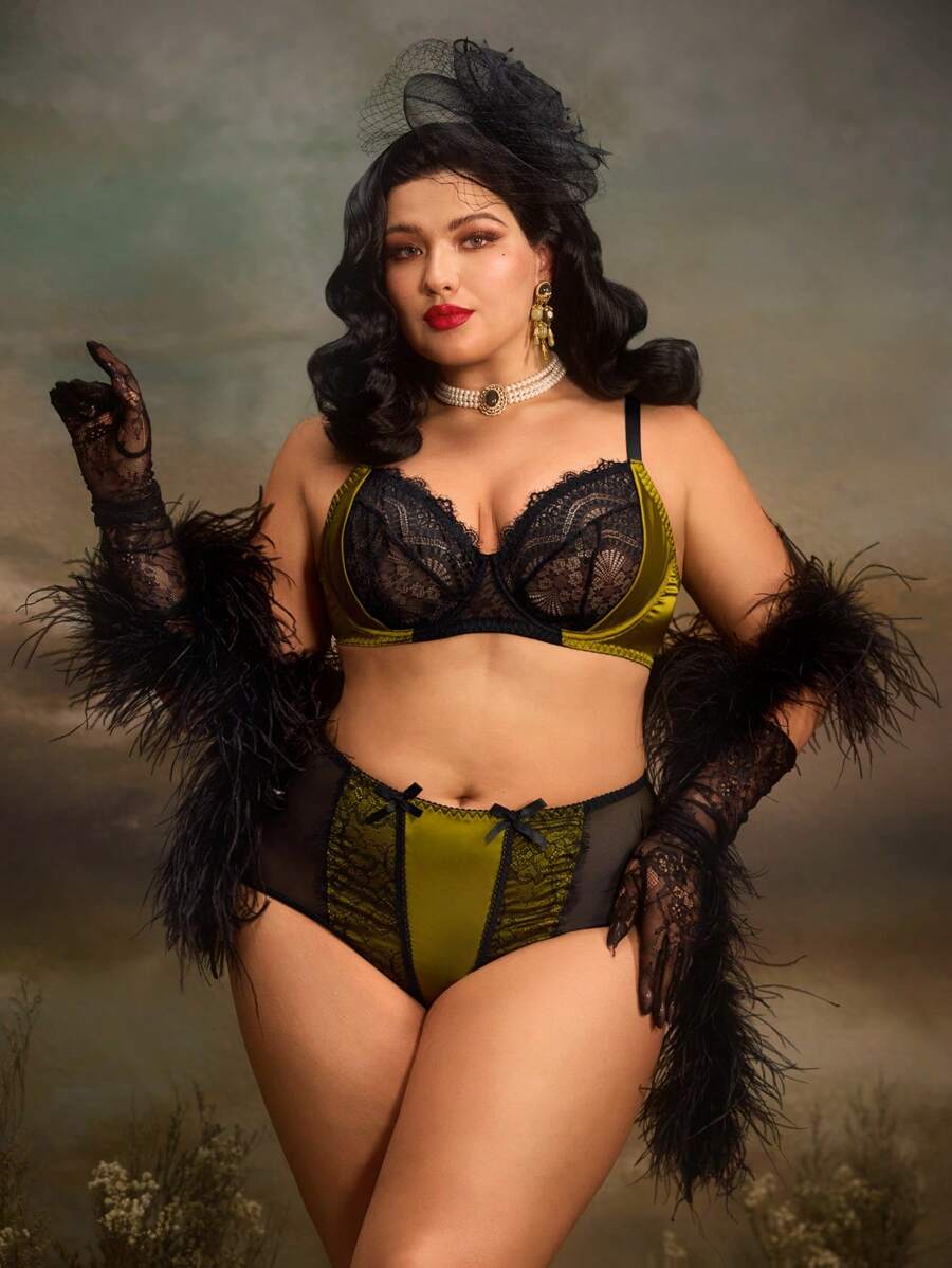 PinupGlam Vintage Palast-Satin-Spitzen-Große Größen-BH & Drahtloser BH