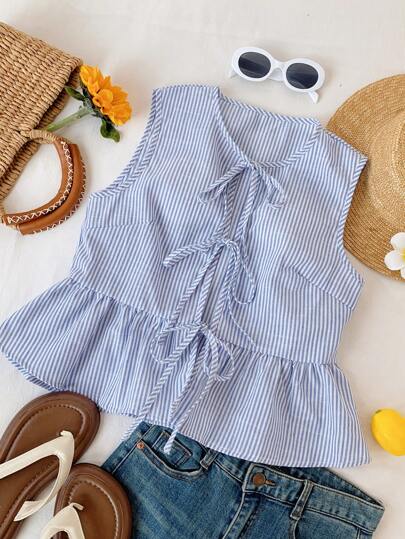 SHEIN Comfortcana Women's Striped Printed Sleeveless Simple Daily Shirt,Sleeveless Tops