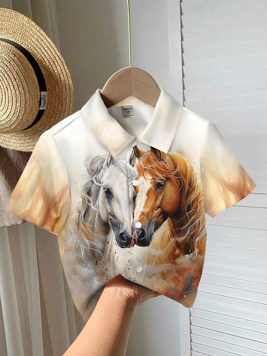 SHEIN Fine Horse, White Horse, Brown Horse, Young Boys Casual Loose Comfortable Daily Wear Short Sleeve Shirt, Suitable For Spring And Summer
