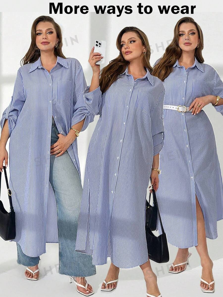 SHEIN Essnce Vestido azul y blanco de manga larga con mangas mixtas para mujeres de talla grande, para el estilo de negocios casuales, elegantes, de primavera, de vacaciones, de festival, de estilo old money, de moda casual para ir al trabajo