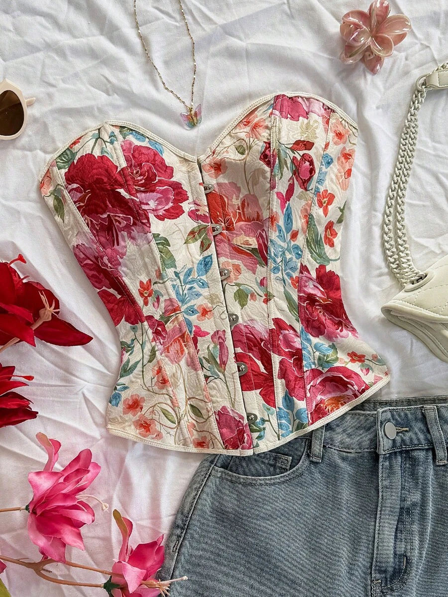 Soleia Parte superior tipo corsé de estilo retro palaciego con estampado floral jacquard de colores, con botones y lazo en la espalda, para mujer, ideal para bodas, vacaciones, salidas, festivales, cruceros, cumpleaños, etc.