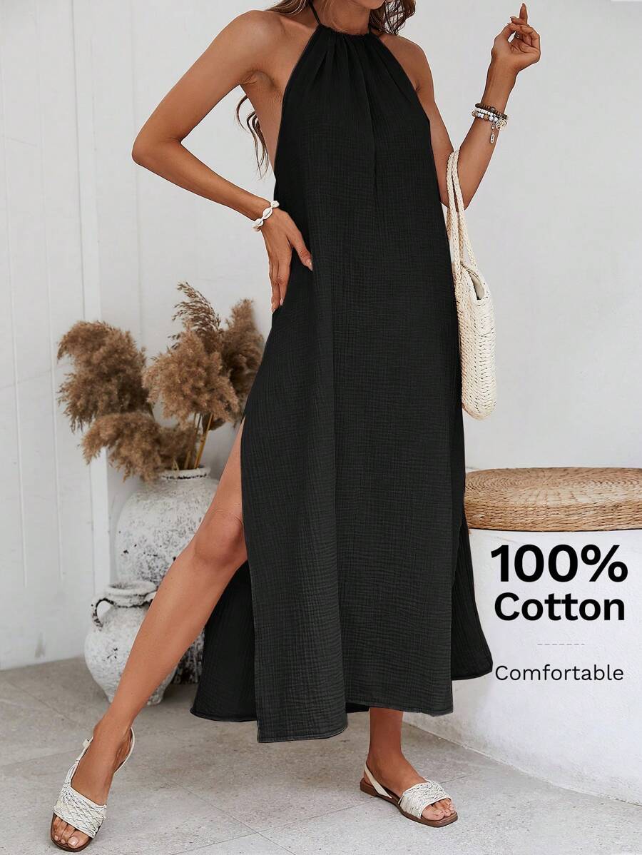 SHEIN VCAY Sping Solid Split Thigh Halter Backless Black Long Dress