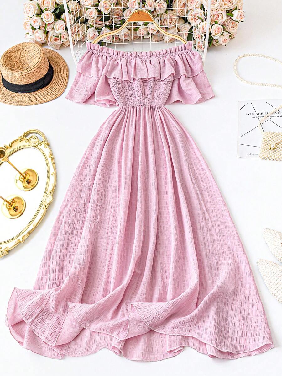 SHEIN LUNE Women's Elegant Ruffle Off Shoulder A-Line Solid Color Pleated Fabric Plus Size Dress