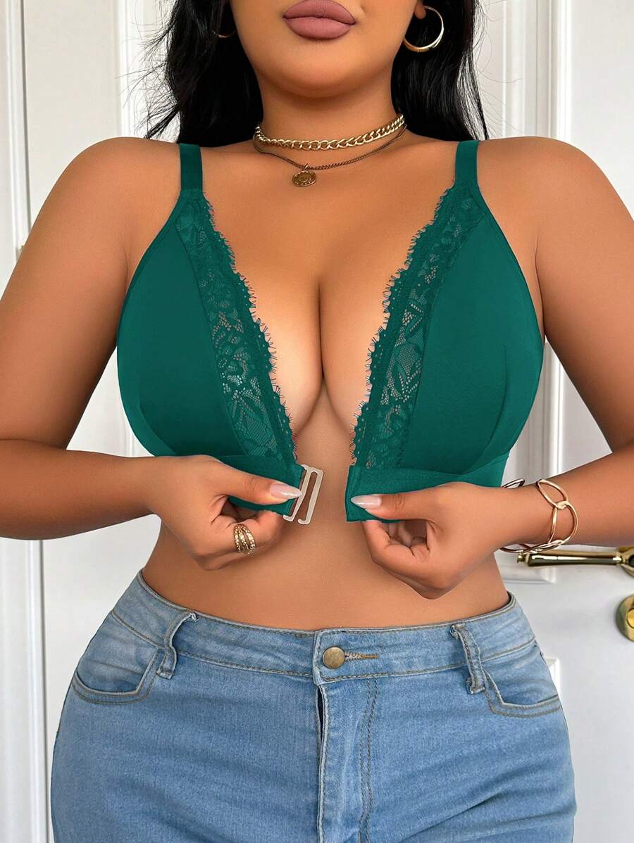 Front Closure, Push-Up, Lash Lace, Comfortable Lace Patchwork Plus Size Bras & Wire-Free Bras