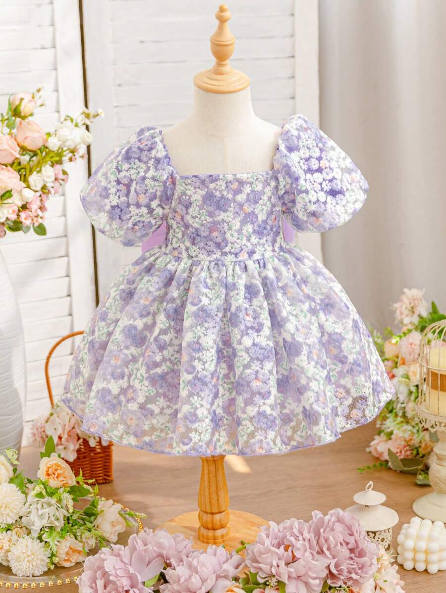 SHEIN Glamorique Kids Baby Girl Purple Flower Bowknot Puff Sleeve Mesh Princess Dress Girls Princess Dress Baby Girl Princess Dress For Baby Girls Occasion Baby Girl Dresses Toddler Dress For Wedding Baby Elegant Dress Baby Spring Dress Princesa Dress For Baby