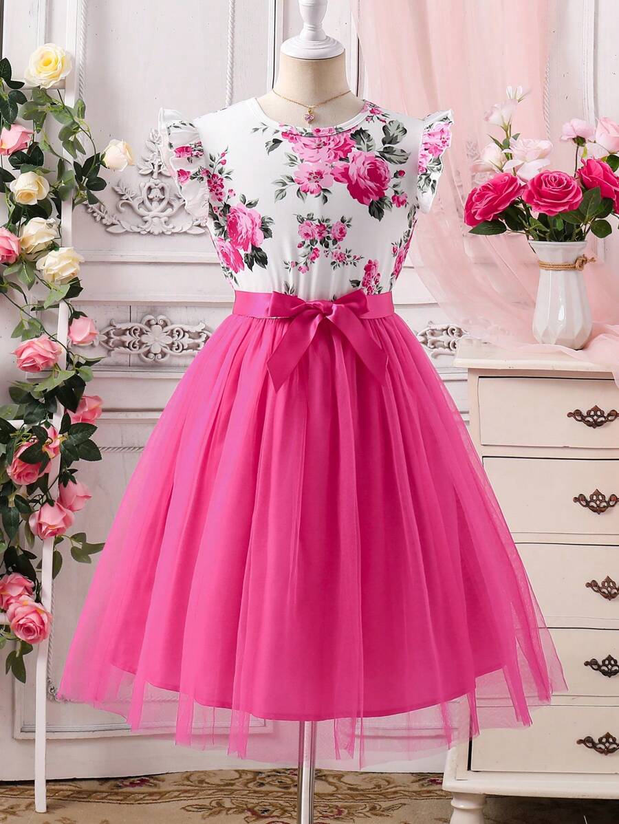 SHEIN Roze jurk met bloemenprint, fladdermouwen en riem voor meisjes (tween)