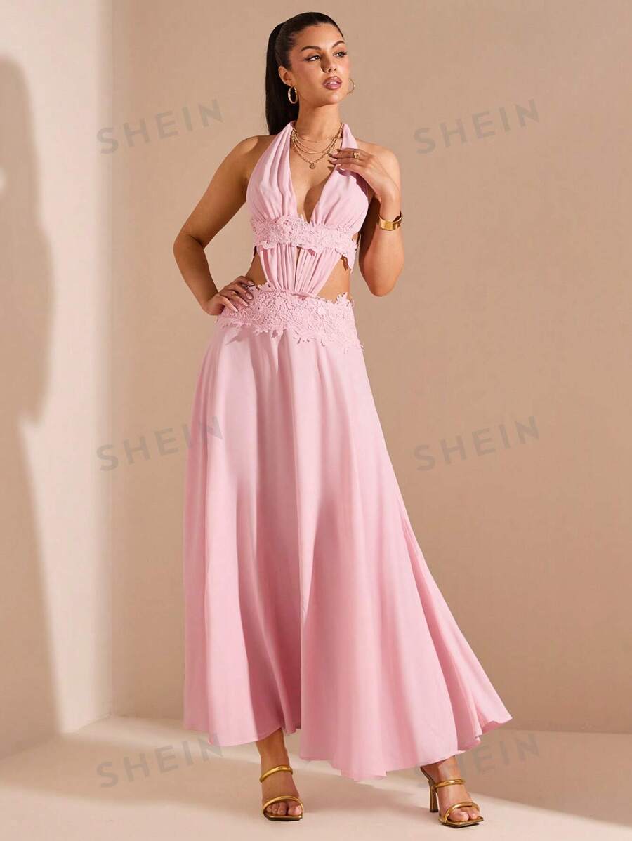 SHEIN BAE Vestido largo de línea A con escote en V profundo y volantes en el bajo, estilo sexy y dulce para vacaciones y resorts, adecuado para damas de honor y galas