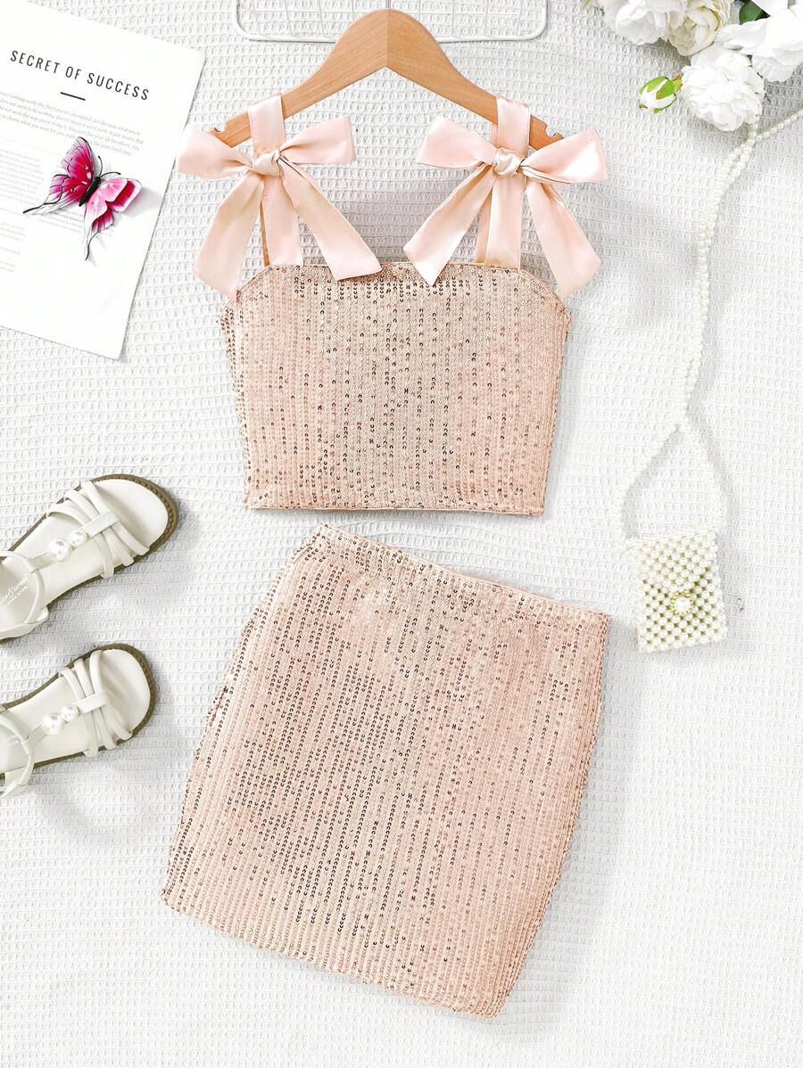 SHEIN Tween Girls' Glamorous Mesh Sequins Embroidery Camisole And Mini Skirt Set