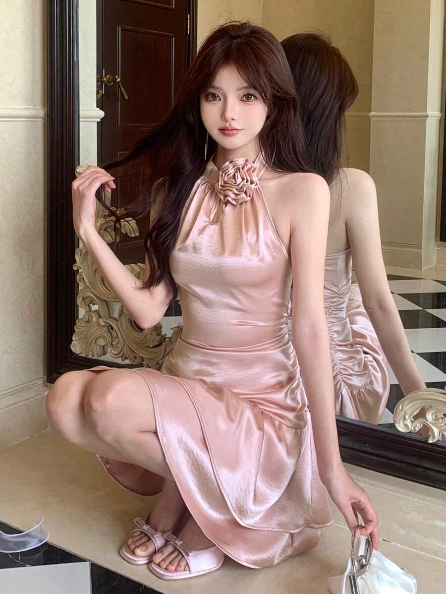 DAZY 3D Floral Decor Halter Satin Satin Cake Design Hollow-Out Backless Ladies Dress For Wedding & Banquet Summer Prom Dress Party Women Sundress
