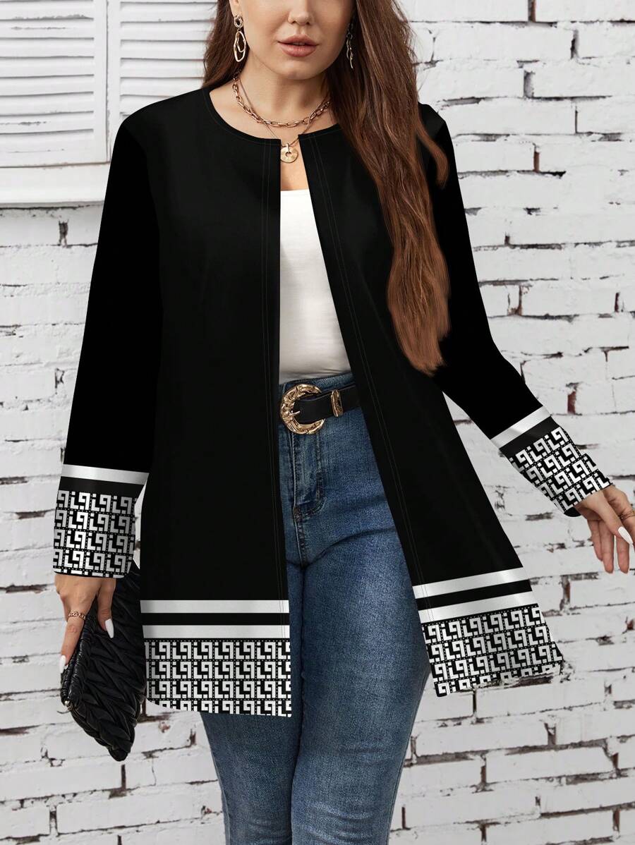 SHEIN LUNE Plus Size Women Casual Minimalist Geometric Print Lightweight Jacket