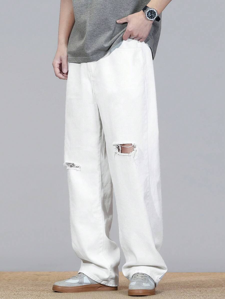 Manfinity Homme Heren Casual Distressed Plain Denim Jeans, Veelzijdig
