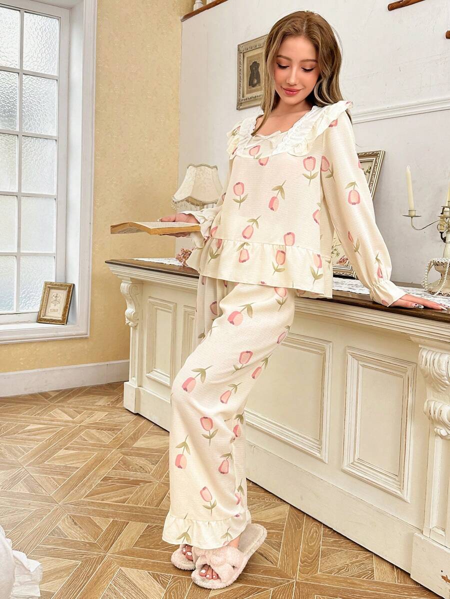 CottageSlumber Romantic Ruffle Trim Tulip Pattern Women's Pajama Set