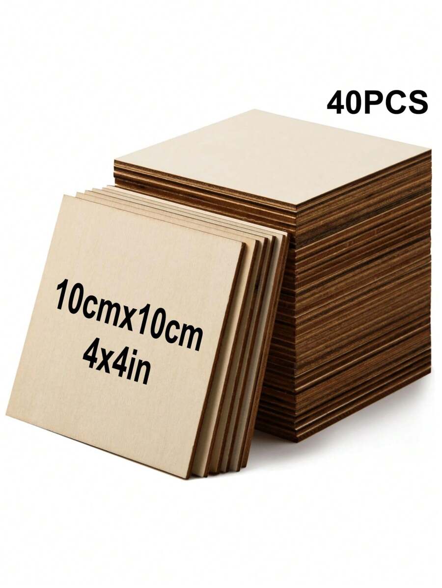SHEIN 10/20/40pcs 4x4 Inch Wood Squares For Crafts Unfinished Wood Pieces 0.08Inch Thick Blank Basswood Sheets Natural Wood Square Cutouts Slices For Crafts Painting Scrabble Tiles Architectural Model