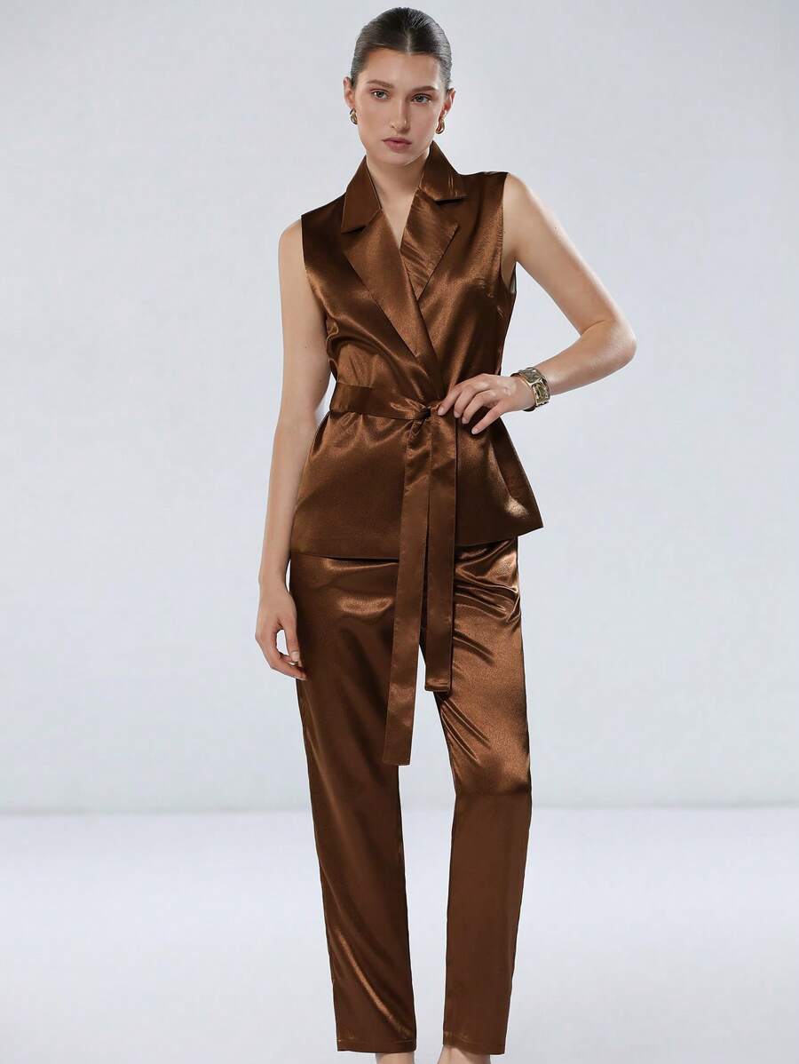 Aveloria Modichic Women's Satin-Trimmed Lapel Sleeveless Blazer Vest With Belt & Suit Pants Co-Ord Set, Elegant Luxury Commuting & Versatile Style