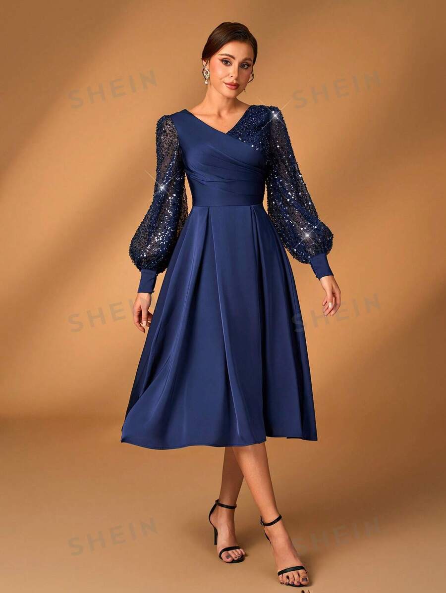 Serin Vestido elegante y lujoso para mujer, de color champagne, con lentejuelas brillantes de satén, mangas farol, cuello cruzado en V, plisado y dobladillo evasé, adecuado para que las madres asistan a bodas, fiestas y eventos de noche