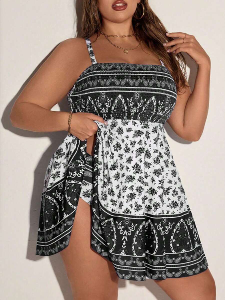 Swim Lushoire Vestido de baño de talla grande para mujer, estilo vintage, con estampado sencillo, correa de espagueti, para uso diario en verano
