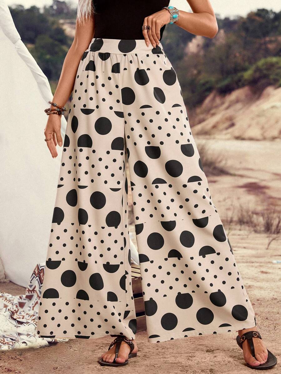 LanaWest Women's Apricot Polka Dot Print Palazzo Pants, Country Music Festival Style
