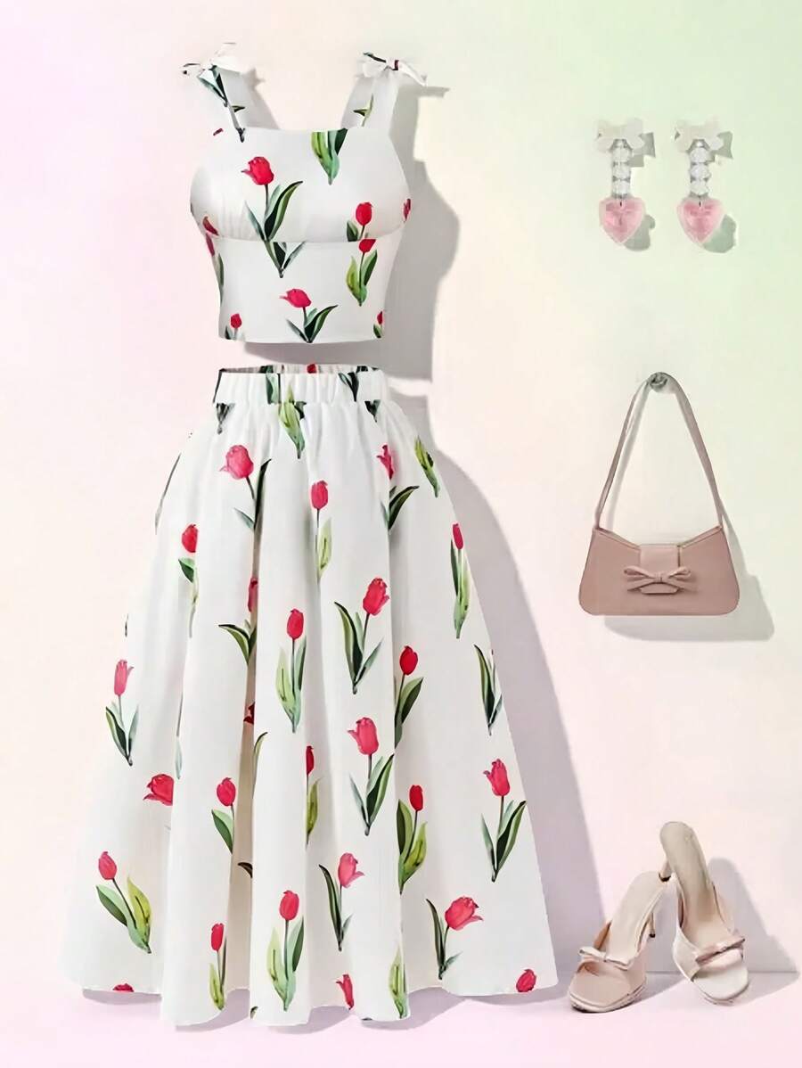 SHEIN Lunivi 2 Stücke/Set Tween-Mädchen Tulpenmuster Weste und Maxi Rock, lässiger eleganter Outfit, V-Ausschnitt Volant Taille langes Kleid, Grün, geeignet für Frühling Sommer Urlaub