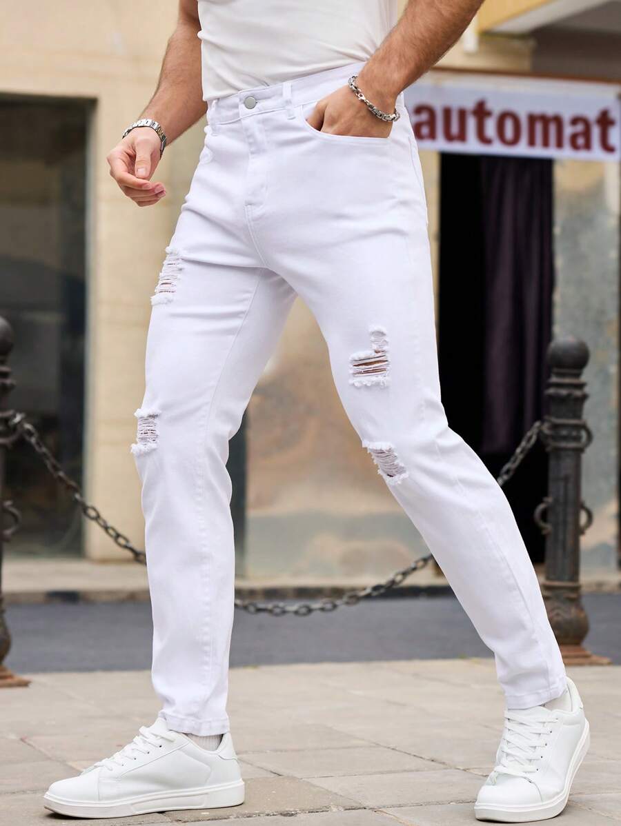 RivetRise Men's Distressed White Denim Jeans, Minimalist And Fashion, Suitable For Summer