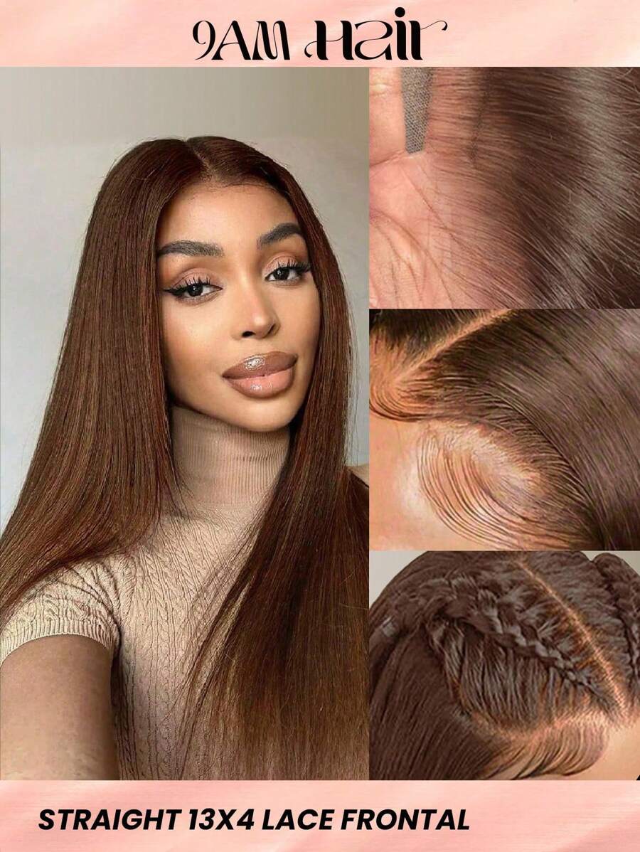 Pelucas De Cabello Humano Con Encaje Frontal Transparente De 13x4, 150% De Densidad, 16 Pulgadas De Largo, Color Marrón Oscuro 4#, Recto Con Línea De Cabello Natural Para Mujeres