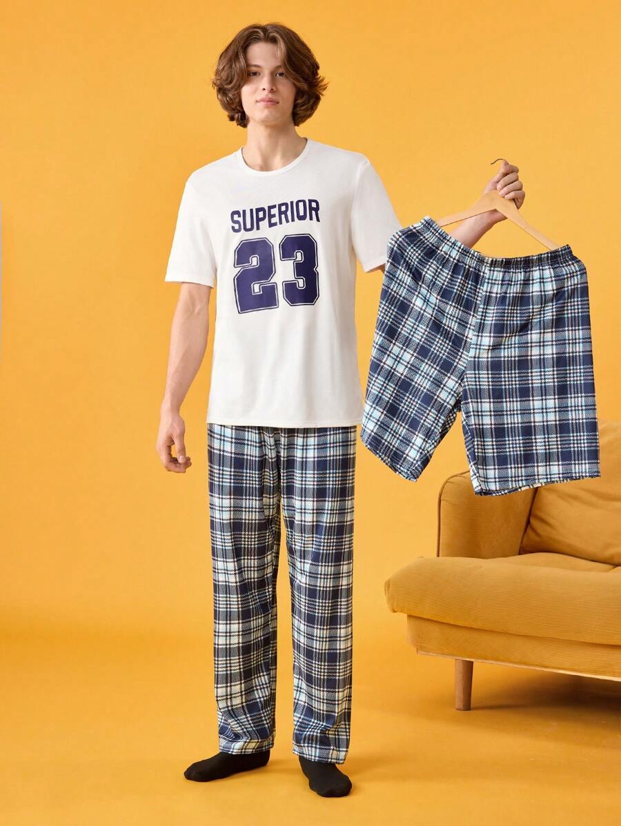 Happy Jammies Set de 3 piezas de ropa de descanso para hombre que incluye top de manga corta con cuello redondo con estampado de letras, shorts a cuadros y pantalones