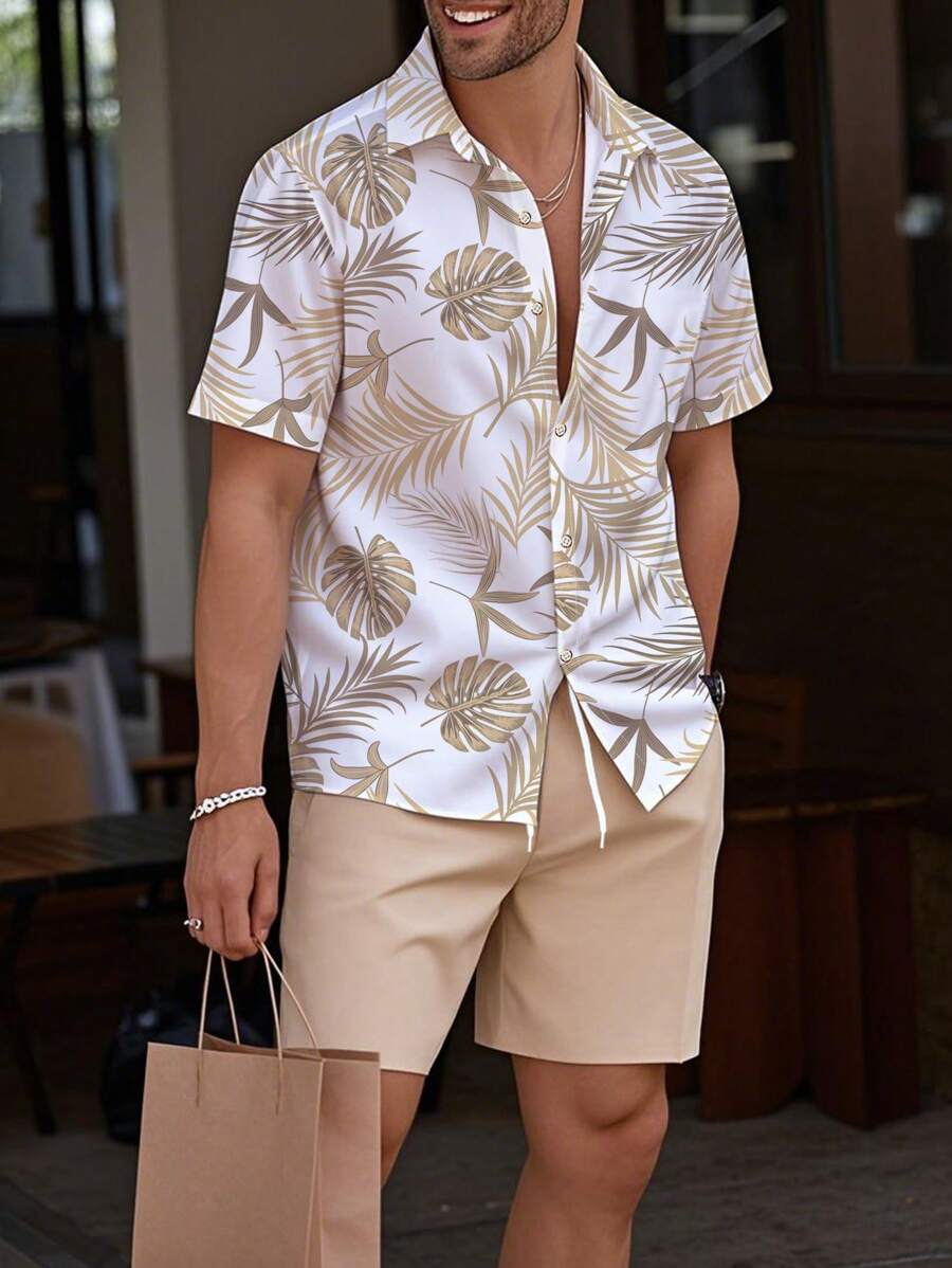 Manfinity RSRT Conjunto de camisa hawaiana de manga corta con botones delanteros y estampado, y pantalones cortos casuales para hombres