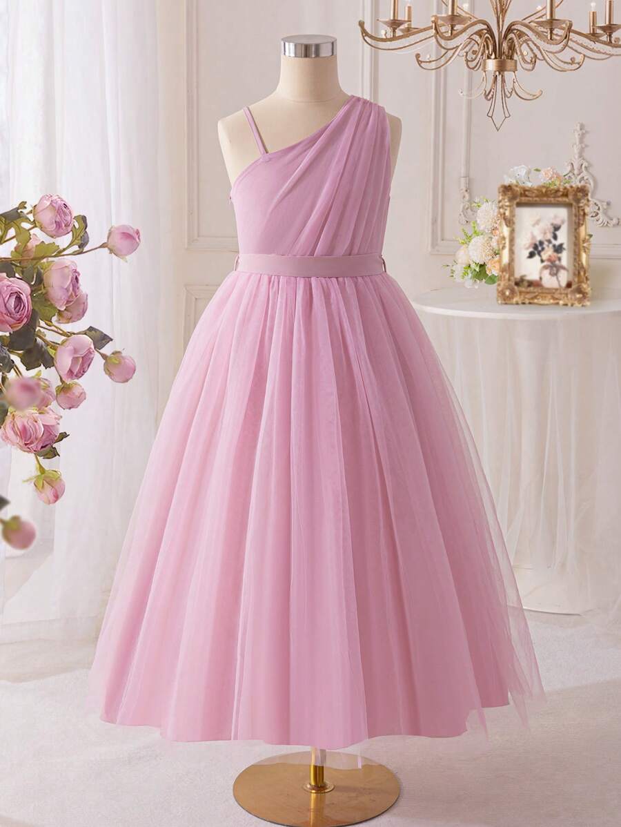 SHEIN Glamorique Kids Tween Girls Sleeveless Ruched Waist Long Dress, Elegant Design For Party, Wedding, Events