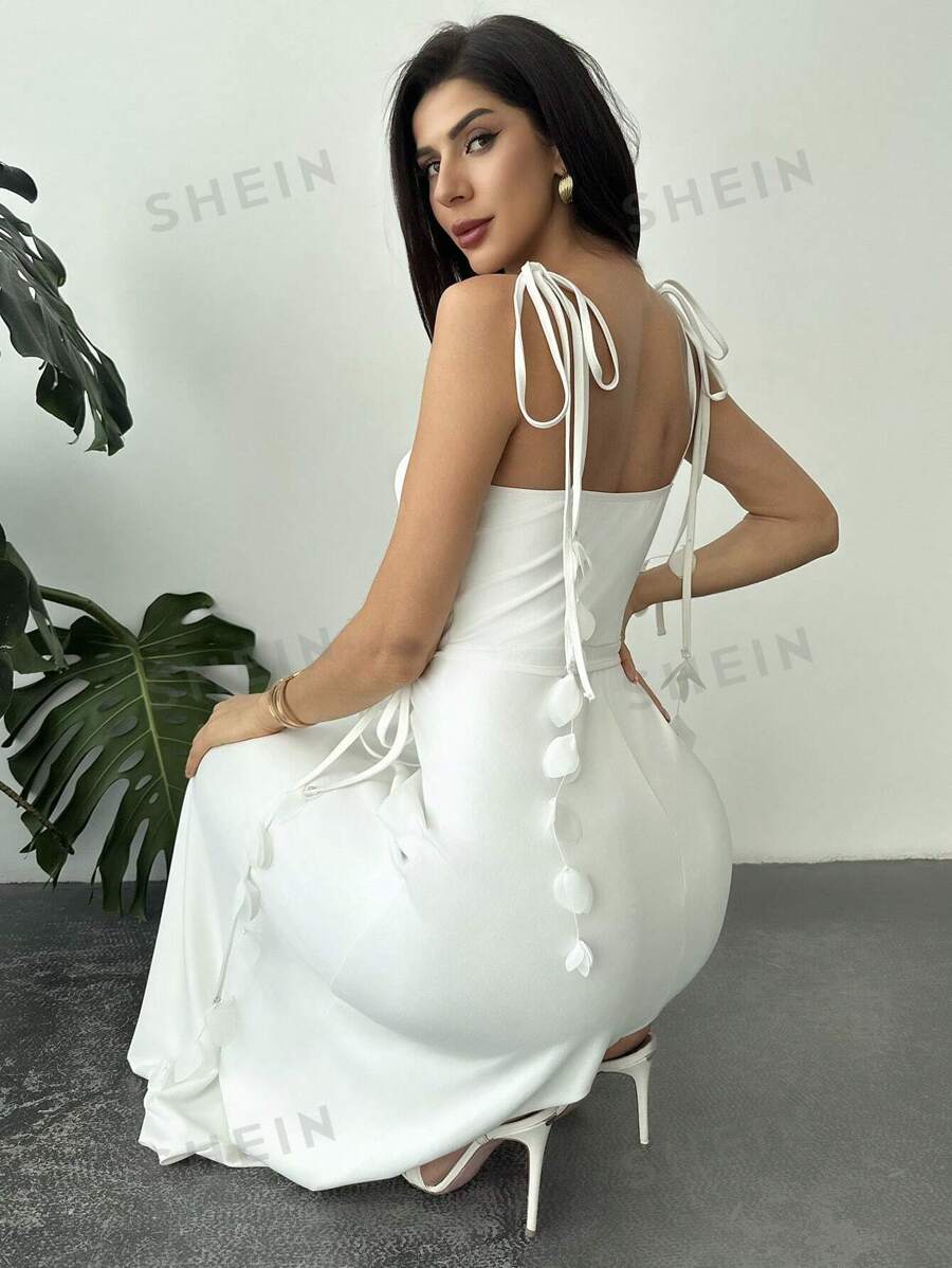 Firerie Vestido línea A con decoración floral blanca, elegante, minimalista, precioso y romántico con cintura alta, adecuado para uso diario, citas, fiestas, vacaciones