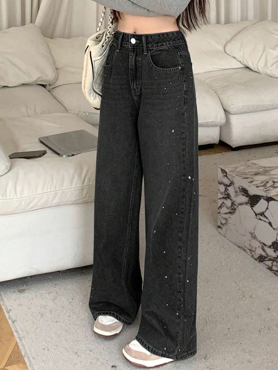 DAZY Women's Casual Washed Rhinestone Embellished Wide Leg Jeans