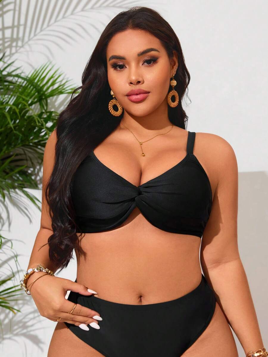 SHEIN Swim Curve Top de natación de talla grande para mujer con diseño de nudos en negro, espalda abierta sexy, estilo de vacaciones y deporte