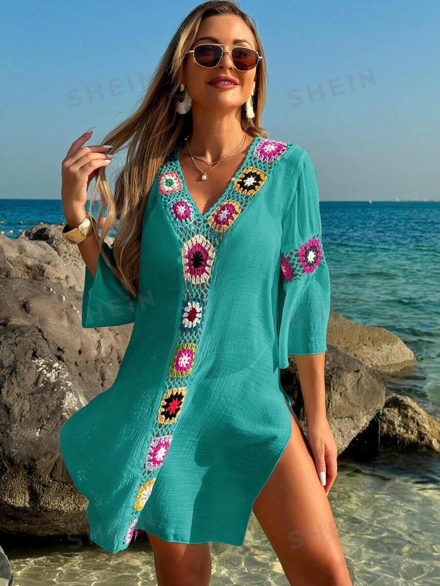 SHEIN Swim Femei, plajă, vară, decolteu în V, mâneci 3/4, croșetat, model floral, culoare, fante aleatorie, rochie largi, acoperire