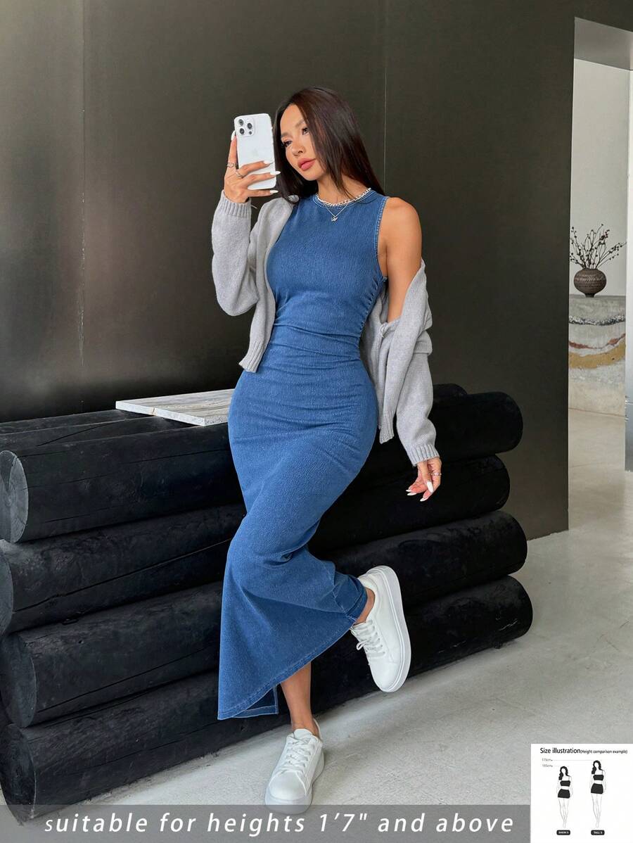 K-Vae Women's Denim Dress Casual Tight Stretch Sleeveless Blue Tight Long Dress Tall Ladies Dress Elegant Dress Summer Summer Outfits For Women Romantic Dresses Summer Dresses For Women Tall Women Clothes Tall Women Tall Women Clothes Nice Dress For Women Casual Dresses For Woman Women Midi Dresses Casual Dresses For Women