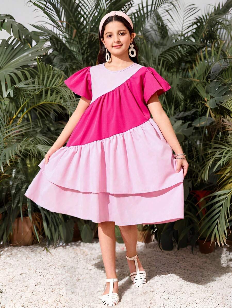 Tween Girl' Casual Adorable Resort Colorblock Layered Cap Sleeve Dress