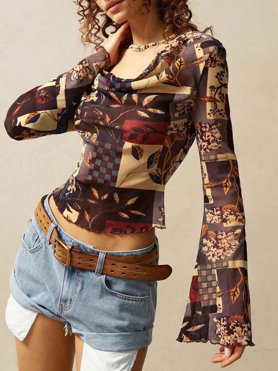 Bohemela Camiseta de mujer de manga larga ajustada con puños acampanados de malla tejida y estampada