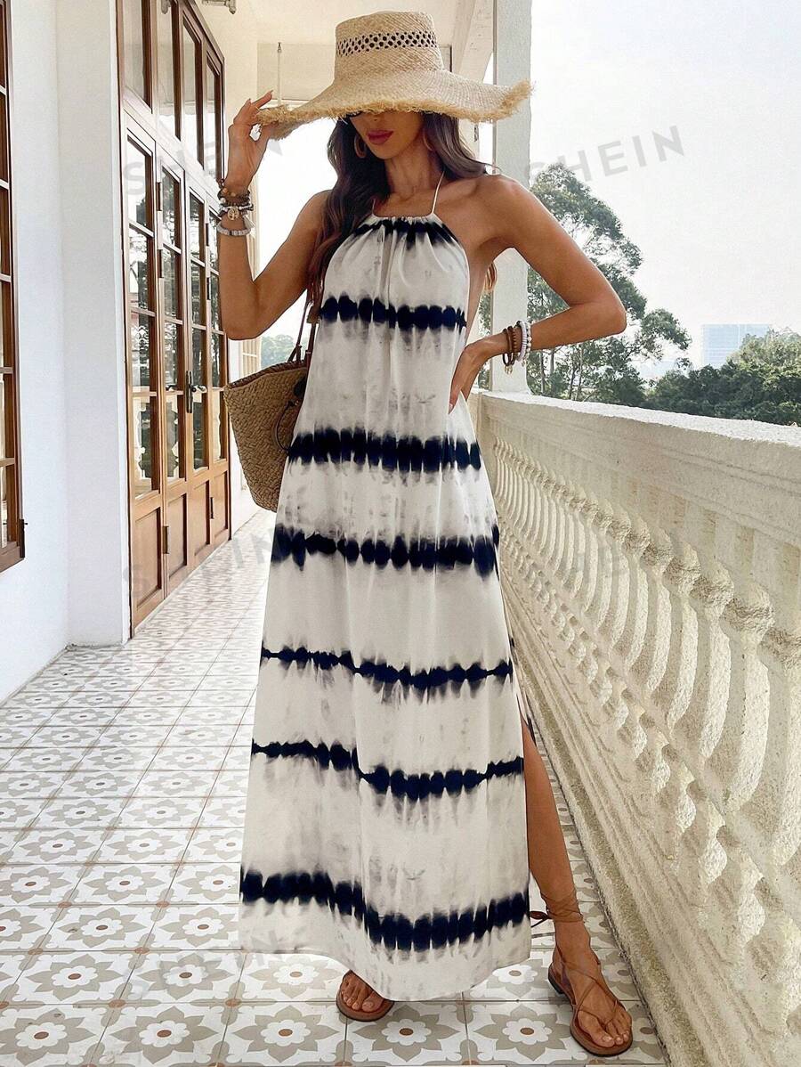 SHEIN VCAY Vestido largo con hombros divididos y estampado tejido, adecuado para vacaciones de primavera/verano
