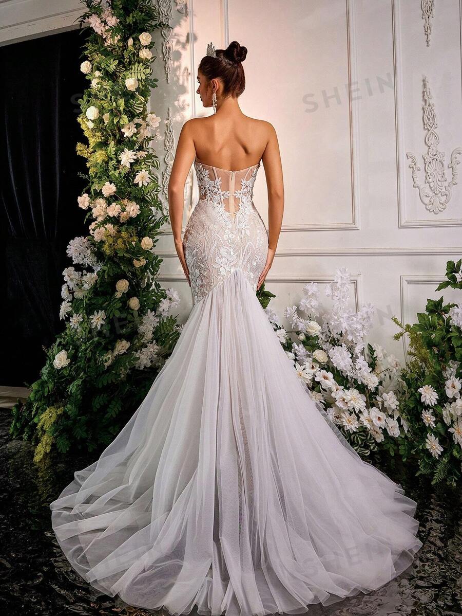 Glamrae Elegante, lujoso y romántico vestido de cola de sirena con parches de tul, detalles florales en 3D, aplicaciones de lentejuelas y encaje sin tirantes, adecuado para ceremonia de boda, vestido de novia
