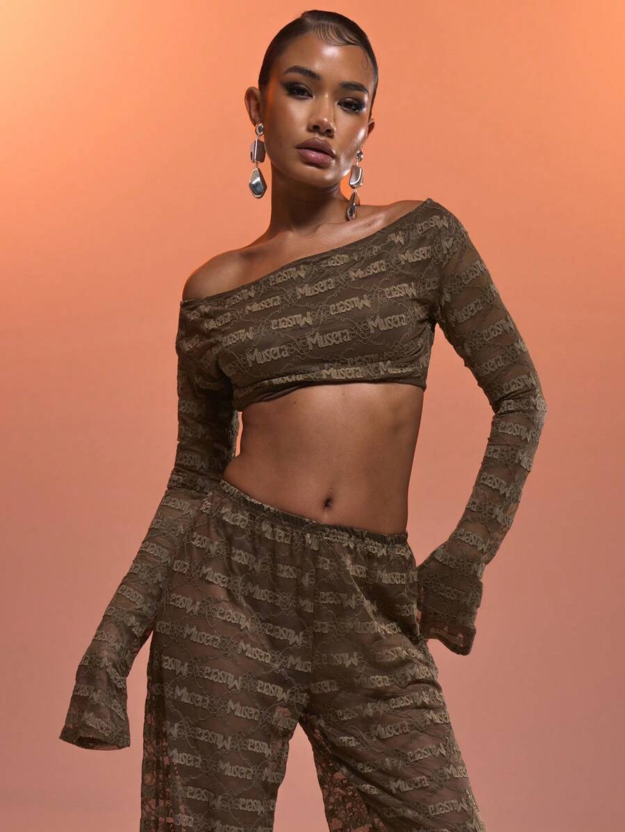 MUSERA Bandeau Long Sleeve Cropped 'Musera' Patterened Lace Top Co-Ord Top Only Sexy Ibiza Fits Spring Summer Vacation Beach Boho Hippie Bohemian