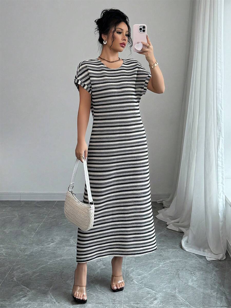 Elenzga Vestito lungo casual da vacanza, nero e bianco, con lavorazione a uncinetto, novità primavera/estate, da donna
