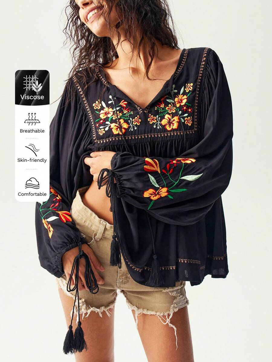 Bohemela Blusa de mujer de manga larga y cuello en V lisa y tejida para vacaciones