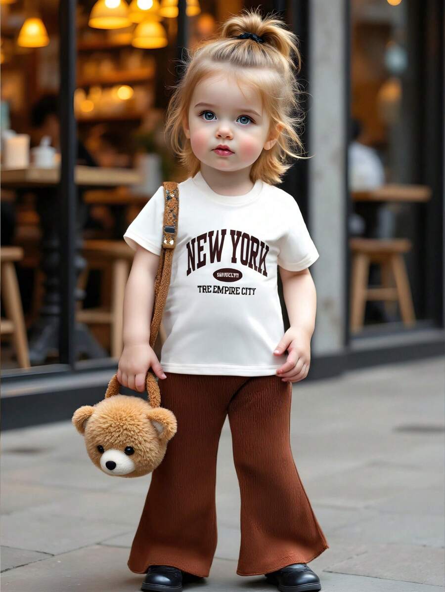 Baby Girl 2024 Summer Vacation Fashionable American Retro Letter Print T-Shirt For Toddlers+Casual Flare Pants Set