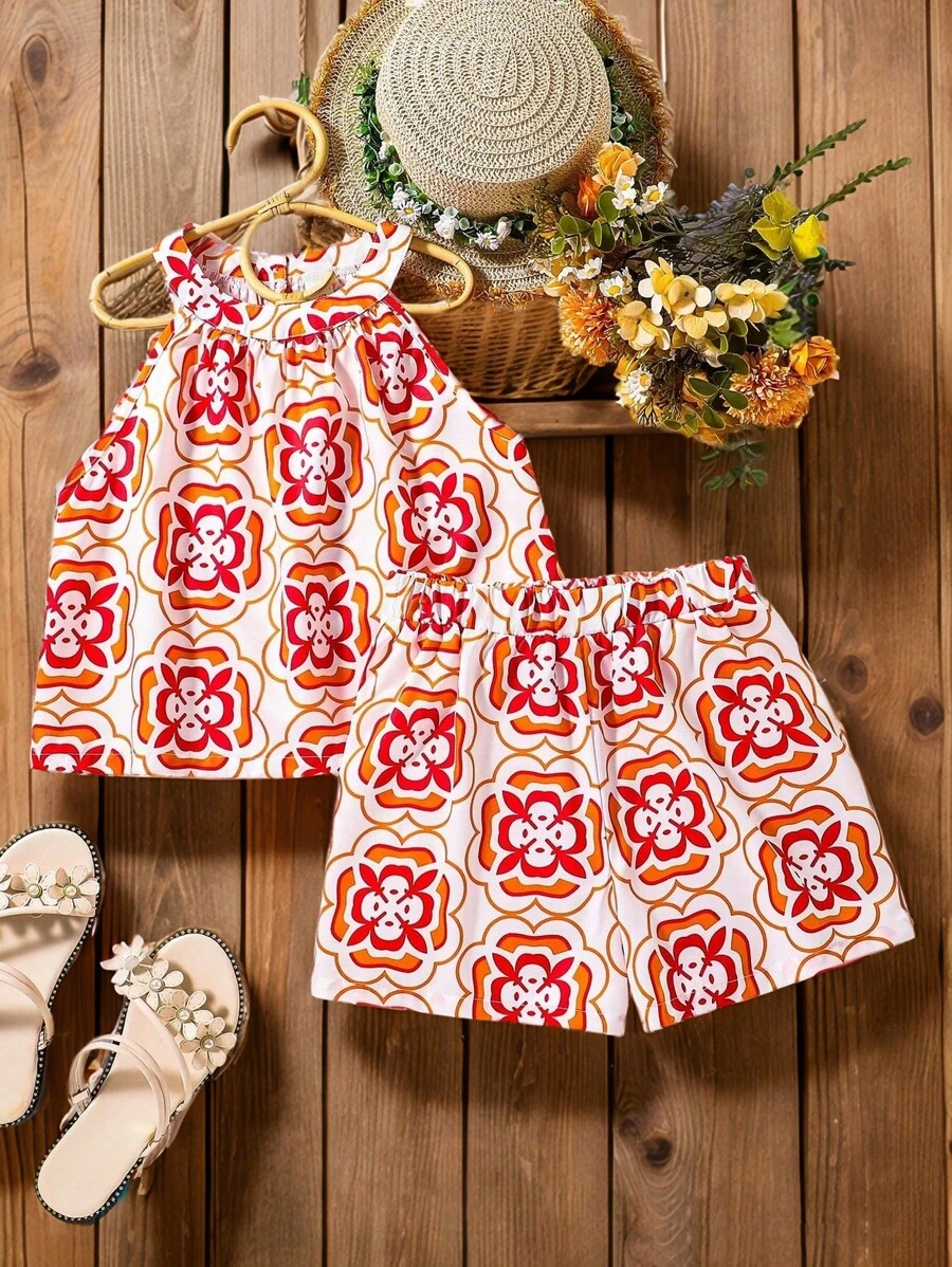 SHEIN Set de 2 piezas de top halter estampado y shorts casuales de estilo de vacaciones de verano para niñas pre-adolescentes, talla grande