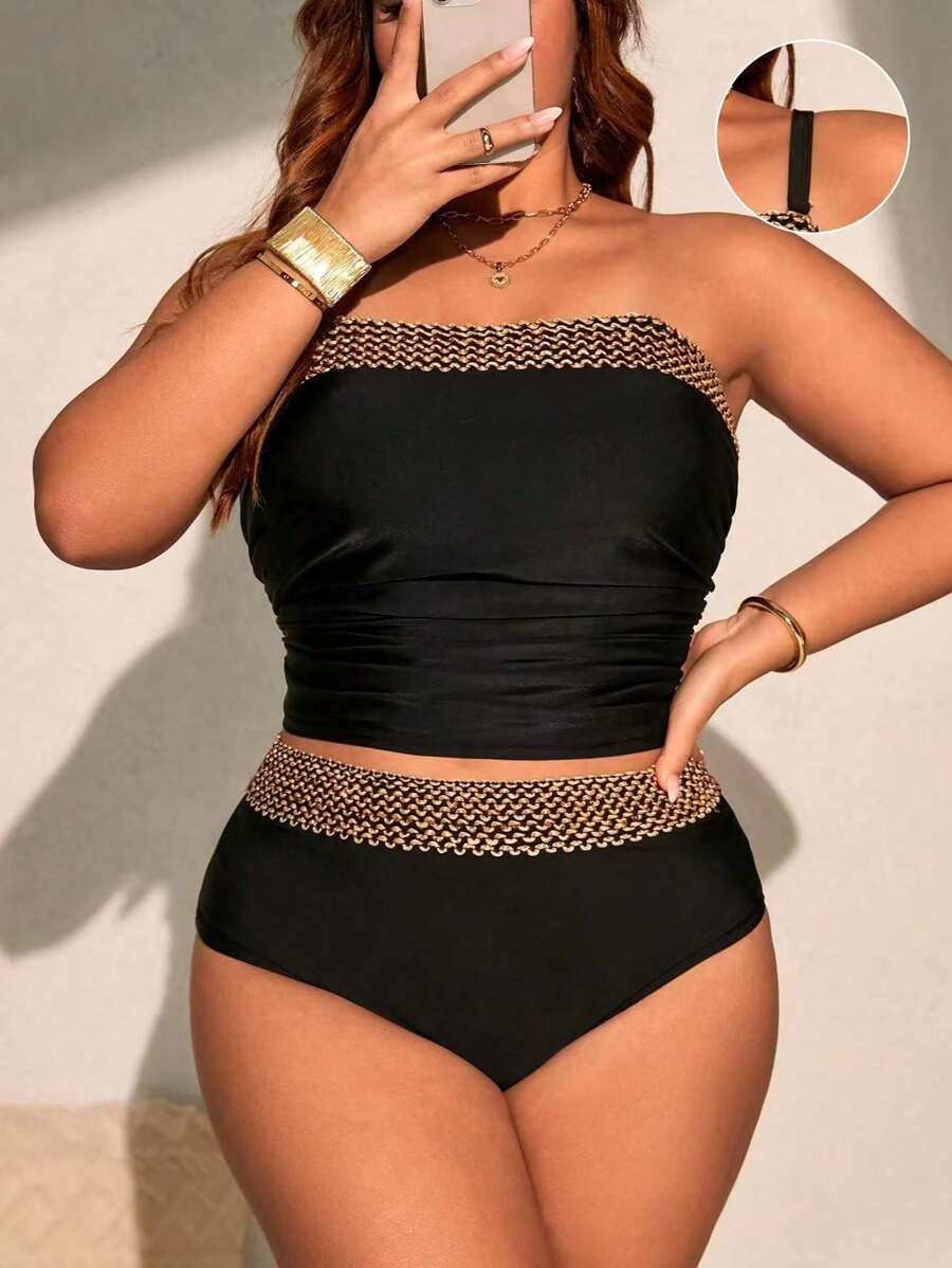 Swim Chiccia Ensemble 2 pièces pour femmes grandes tailles, Top en patchwork tressé noir et bas de bikini taille haute en patchwork tressé, bikini simple et casual pour les vacances, pour l'été et la plage