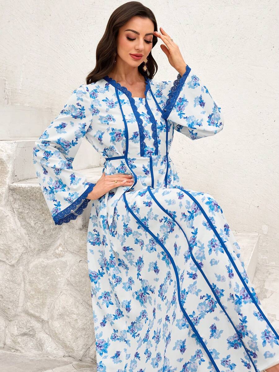 Al Najma 1 pezzo Abito per donna con maniche a campana, legatura in vita e bordi a contrasto in stile arabo, adatto per la primavera/estate, di stile modesto
