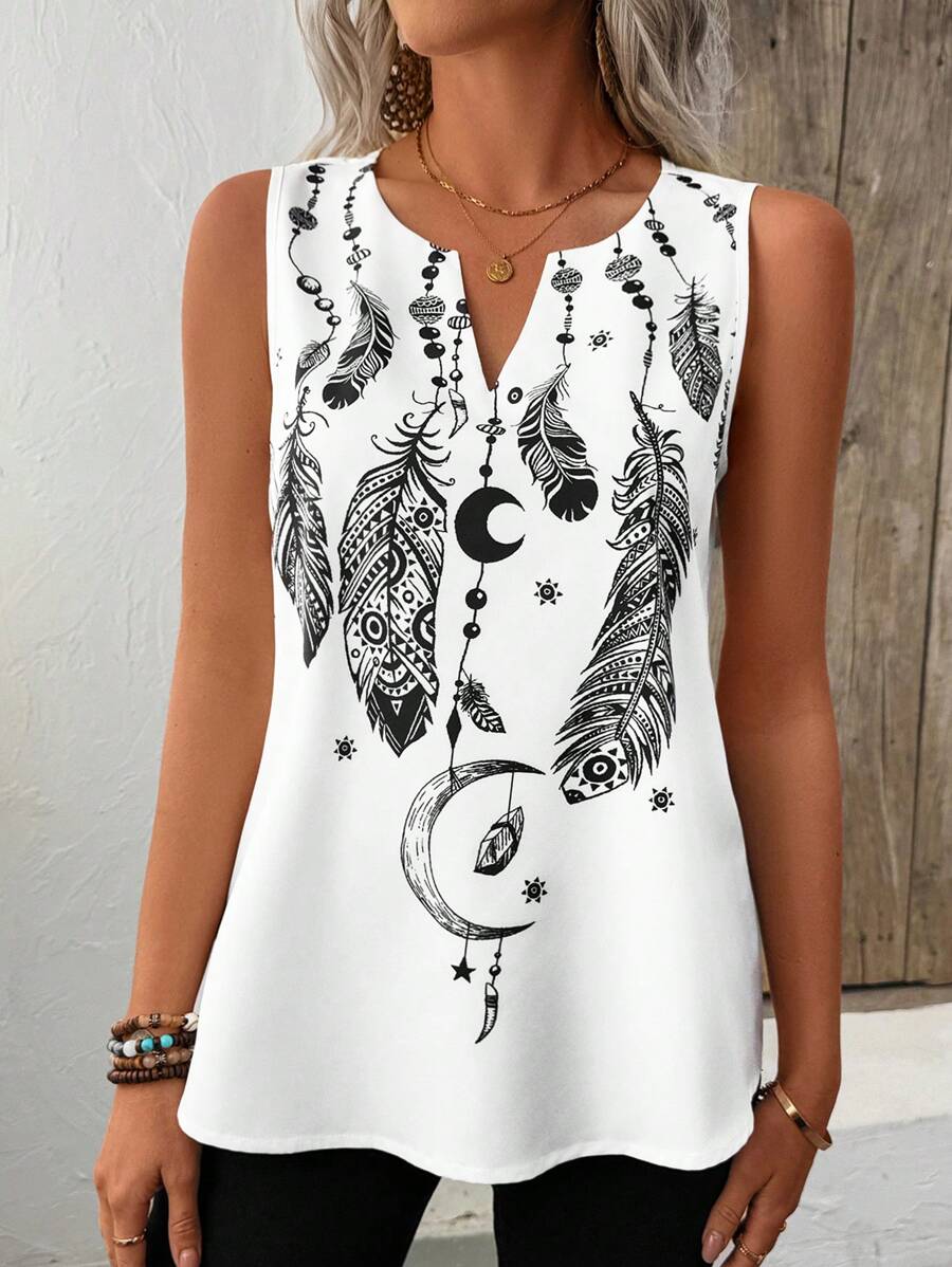 SHEIN LUNE Top sin mangas de verano para mujer, diseño de cuello hueco, estampado digital de plumas, tejido tejido, corte holgado casual, adecuado para el Ramadán y vacaciones