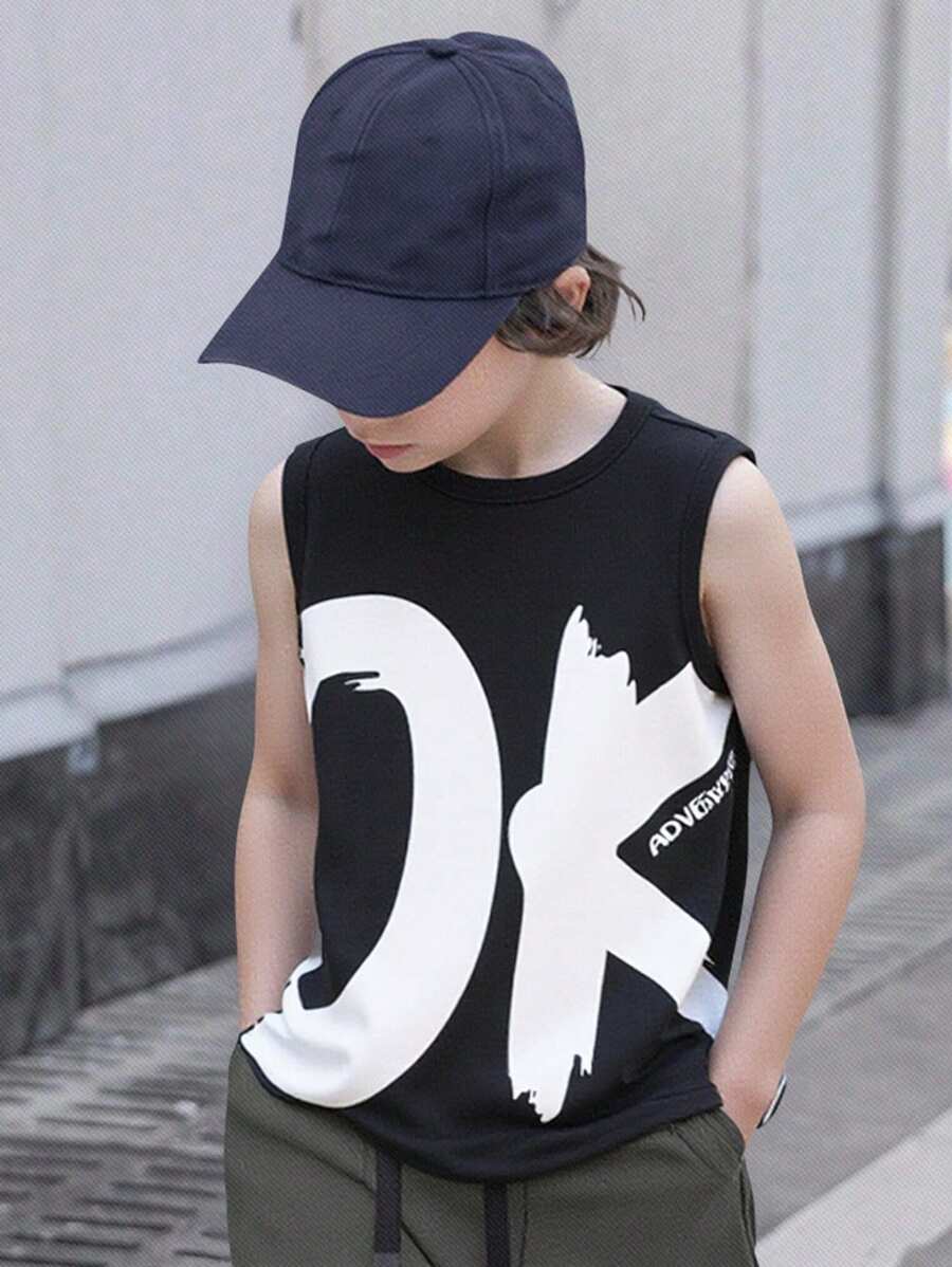 Tween Boy Casual Big Letter Pattern Round Neck All-Match Versatile Tank Top, Suitable For Summer, Outdoor Play, School, Street Photography, Party And Home Leisure, Great Value