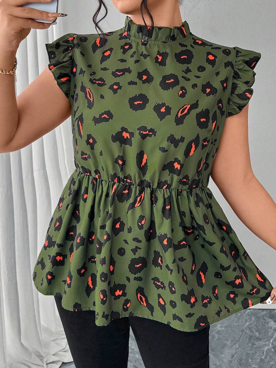 SHEIN Clasi Damen Große Größen Leoparden Muster Lässig Flügelärmel Shirt für den Sommer